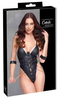 Cottelli Bondage bodi M sa podesivim fiksatorima za ruke, crni sa zlatnim detaljima