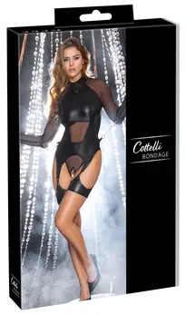 Cottelli Bondage bodi set S mat i mreža, uklonjivi dodaci, crni