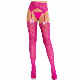 Leg Avenue Heart Stockings with Decorative Garters Magenta One Size