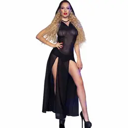 Chilirose CR 4685 Elegant Long Hooded Dress Black S - Brocade & Sheer Finish
