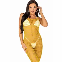 Leg Avenue Duga Mrežasta Haljina Žuta One Size - Rastezljiva Mreža sa Otvorenim Leđima