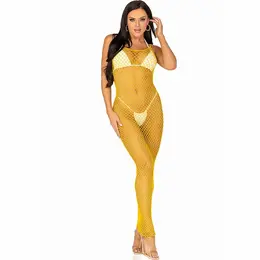 Leg Avenue Duga Mrežasta Haljina Žuta One Size - Rastezljiva Mreža sa Otvorenim Leđima