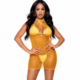 Leg Avenue Mrežasta Ukrštena Mini Haljina Narandžasta One Size - Modni Halter Stil