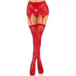 Leg Avenue Lace Thigh-Highs & Garter Belt Crveno-Crni One Size