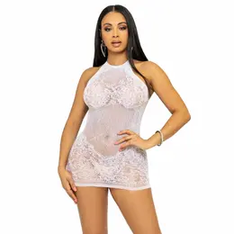 Leg Avenue Rhinestone Halter Mini Dress Bela - One Size Čipkani Mrežasti Dizajn