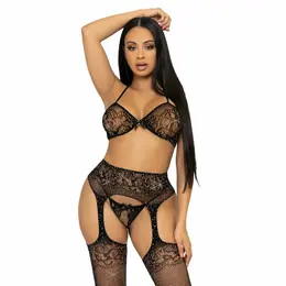 Leg Avenue Trodelni Crni Čipkani Set sa Kristalnim Akcentima One Size