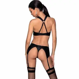Passion Amanda S/M - Eco Leather Lingerie Set with Gold Accents