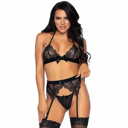 Leg Avenue Three-Piece Lace Lingerie Set with Garter Belt S