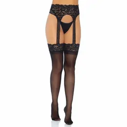 Leg Avenue Opaque Stockings with High Waist Lace Garter Belt One Size