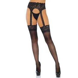 Leg Avenue Opaque Stockings with High Waist Lace Garter Belt One Size