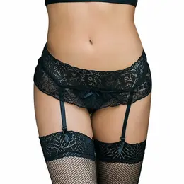 Queen Lingerie Floral Lace Garter Belt & Thong Set Black S/M