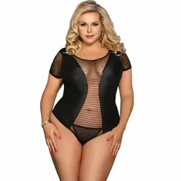 Subblime Queen Plus Crni Fetish Kratkih Rukava Čipkasti Teddy Bodysuit