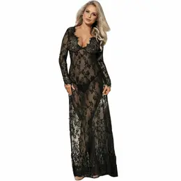 Subblime Long Sleeve Floral Lace Dress S/M Black - Elegant Nightwear