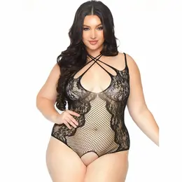 Leg Avenue 1X-2X Crni Čipkasti Mrežasti Bodikejt sa Halter Trakama