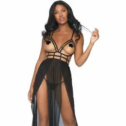Leg Avenue Cage Strap Black Maxi Dress & Thong Set S/M - Adjustable Design
