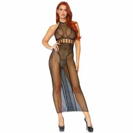 Leg Avenue Halter Net Backless Dress Black One Size Nylon-Spandex