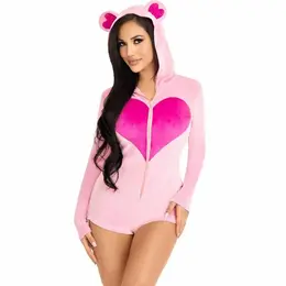 Leg Avenue Velvet Teddy Bear Bodysuit Pink M - Soft Zip-Up Costume