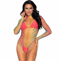 Leg Avenue Multicolor Net Bodysuit, Long Sleeve, High Neck, One Size