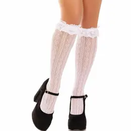 Leg Avenue Knee-High Socks White Ruffle Cuff Stretch Knit One Size