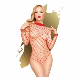 Penthouse Scandalous Teddy Red XL - Elegant Mesh Bodysuit with Long Sleeves
