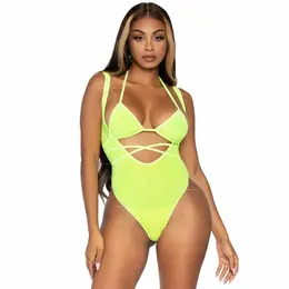 Leg Avenue Bikini top sa štrasom i mrežasti bodi sa podvezicama, jedna veličina