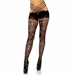 Leg Avenue Vine Lace Wrap-Around Tights One Size Black Open Back