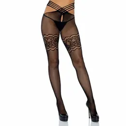 Leg Avenue Fishnet Lace Thigh Highs with Slit - One Size, Black
