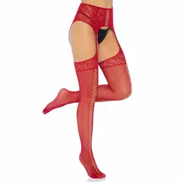 Leg Avenue High Waist Lace Top Garter Belt Stockings Burgundy One Size