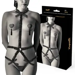 Coquette Chic Desire Elasticni Harness Set sa Navlakama za Bradavice Crni