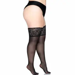 Leg Avenue Plus Size Sheer Thigh Highs with Silicone Lace Top, Black