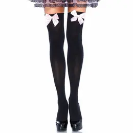 Leg Avenue Thigh High Black Nylon Stockings with Pink Bow One Size