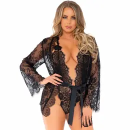 Leg Avenue Floral Lace Teddy & Robe Set S Black 3-Piece Nylon