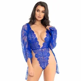 Leg Avenue Plavi Cipkani Teddy & Robe Set 3-Delni Medium
