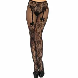 Leg Avenue Floral Pattern Suspender-Style Tights with Bow Accents One Size
