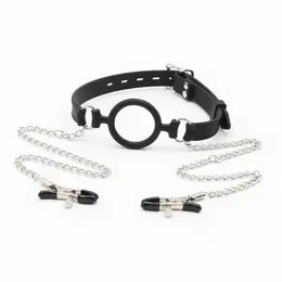OHMAMA Ring Gag with Chains & Adjustable Nipple Clamps - Stainless Steel