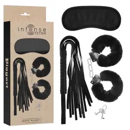 INTENSE FETISH Set with Handcuffs, Blindfold & Flogger - Vegan Leather