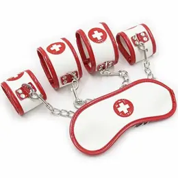 OHMAMA Fetish Mini Set 3-dela Medicinska sestra - Lisice i maska set, PVC, Bela/Crvena