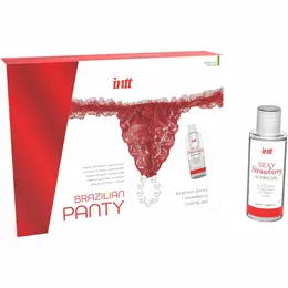 INTT Brazilske Crvene Čipkane Gaćice sa Biserima i Lubrikantom Jagoda 50ml