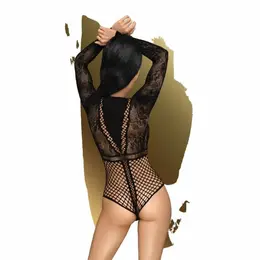 Penthouse Spicy Whisper bodi XL – cvetna mreža, dugi rukavi, crni