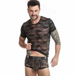 ANAIS MEN Romance Lace T-Shirt Black Floral Print Size L