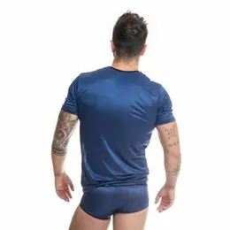 Anais Men Naval T-Shirt Navy Blue Mesh Satin Stripes Size M