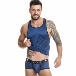ANAIS MEN Naval Top M - Navy Blue Tulle & Satin Stripe Sleeveless Shirt