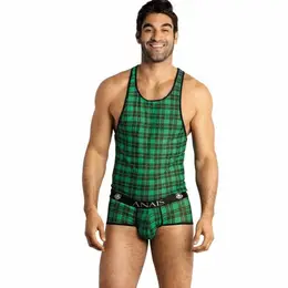 Anais Men Magic Top M - Lycra Briefs, Green-Black Check, Size M