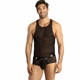 ANAIS MEN Eros Black Mesh Sleeveless Top - Size M, Classic Fit