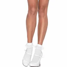 Leg Avenue Bele čipkane čarape sa volanom za gležnjeve - Elegantan vintage stil, One Size