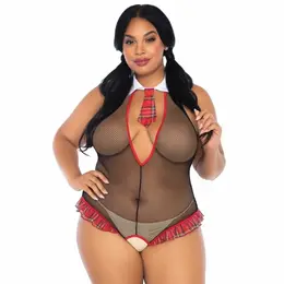 Leg Avenue Fitness Teddy Plus Size školski stil duboki V izrez Crna