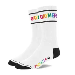 Prowler RED Gaymer Socks White/Pride - Rainbow Lettering, Paw Logo, Unisex
