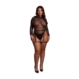 Leg Avenue Bodi plus size crna/zlatni šljokići otvorena leđa PU podvezice