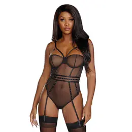 Oh La La Cheri Very Sheer Mesh Underwire Teddy with Gunmetal Accents L