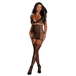 Dreamgirl Fishnet & Lace Garter Set with Adjustable Bralette, One Size